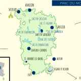 Carte du Parc du Morvan, idéale pour visiter le Morvan en 3 jours. Elle indique lacs, villes et sites touristiques.