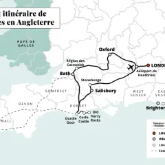 Carte d'un road trip en Angleterre, incluant Londres, Oxford, Bath, Stonehenge, Salisbury, et une extension en Cornouailles.