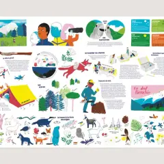 Le chemin du petit bonheur, une illustration colorée d'une randonnée avec des animaux, des arbres et des éléments ludiques.