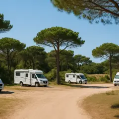 Plusieurs camping-cars blancs stationnés sur une aire de repos ombragée par des pins, un cadre idéal pour une aire camping car ile de ré.