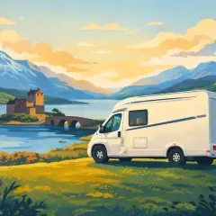 Un camping-car blanc stationné près d'un lac écossais, avec un château et des montagnes en arrière-plan.