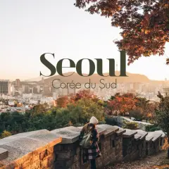 Vue panoramique de Séoul en automne. Une femme regarde la ville depuis un mur de pierre. Idéal pour savoir que faire à Séoul.