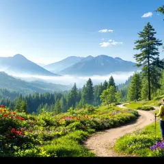 Un randonneur profite d'une vue panoramique sur les montagnes embrumées, un chemin sinueux bordé de fleurs sauvages et d'arbres verts. Une belle journée de morvan randonnée.