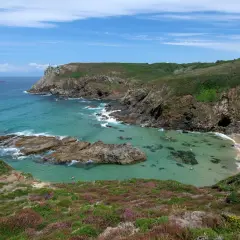 Vue panoramique de la pointe du Van, avec ses falaises verdoyantes, ses eaux turquoise et sa petite plage. Quelques baigneurs profitent du soleil.