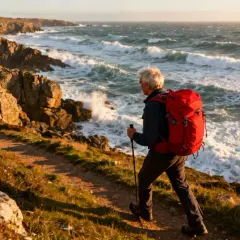 Un homme avec un sac à dos rouge profite d'une randonnée boucle 4 jours facile le long d'une côte rocheuse battue par les vagues.