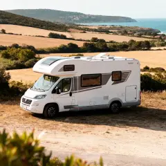 Camping-car blanc prêt pour une idée sortie week-end. Paysage de champs dorés et mer bleue en arrière-plan.