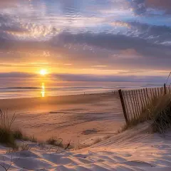 Coucher de soleil sur la plage de l'Île d'Oléron, avec des dunes de sable, des herbes folles et un ciel aux couleurs chaudes.