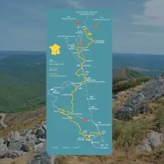 Carte du chemin de Stevenson, un itinéraire de randonnée de 4 jours à travers la France, avec les gares et lignes de bus.