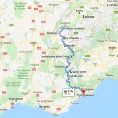 Carte de la route des Grandes Alpes en voiture, de Thonon-les-Bains à Menton, traversant la Suisse et l'Italie. 721 km, 17h de trajet.