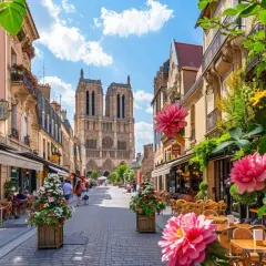 Rue animée de Laon, menant à la cathédrale. Tables de café fleuries, ambiance estivale.