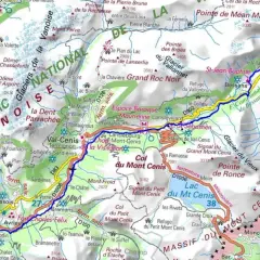 Carte IGN de la Maurienne, montrant le parcours de l'étape GR5, avec des cols, glaciers et sommets.