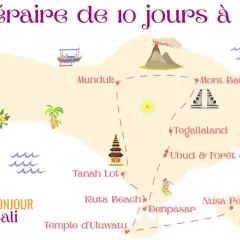 Carte de Bali indiquant les lieux à visiter : Mont Batur, Ubud, Kuta Beach, Tanah Lot. Idéal pour savoir que faire à Bali.