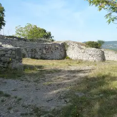 Ruines d'un oppidum gaulois en pierre, avec des murs et des arbres sous un ciel bleu.