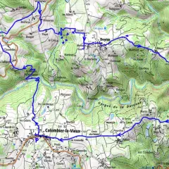 Carte d'une randonnée à travers les Gorges de la Daronne, avec un sentier bleu serpentant entre villages et reliefs.