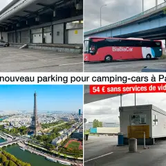 Nouveau parking pour camping-cars à Paris, vue aérienne de la Tour Eiffel. 54€ sans services de vidange.