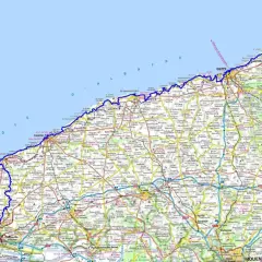 Carte routière de la côte normande, montrant les GR21 étapes, de Dieppe au Havre, avec des villes comme Fécamp et des falaises.