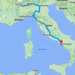 Carte d'un circuit camping-car en Italie du Nord, passant par Bard, Milan, Vérone, Cinque Terre, Rome et Pompéi.