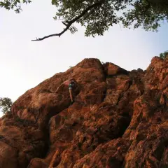 Escalade dans la gorge du Blavet, un grimpeur progresse sur une paroi rocheuse ocre sous un ciel clair.