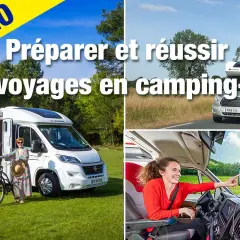 Une famille prépare son voyage en camping-car. Une femme utilise le GPS dans le véhicule.