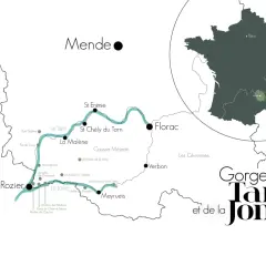 Carte des Gorges du Tarn et de la Jonte, montrant les villages, points d'intérêt et la région Lozère en France.