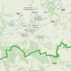 Carte GR 14 : itinéraire vert serpentant de Saint-Maur-des-Fossés vers l'est, traversant forêts et villages comme Crécy-la-Chapelle.