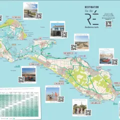 Carte de l'Île de Ré avec pistes cyclables, villages et légendes pour savoir que faire à l'Île de Ré à vélo ou à pied.