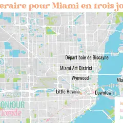 Carte d'itinéraire pour Miami en 3 jours : départ de la baie de Biscayne, visite du Miami Art District, Wynwood, Little Havana, Downtown et Miami Beach. Idéal pour savoir que faire à Miami.