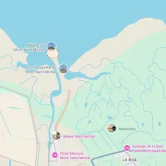 Carte de la région de Dinard et du Mont Saint-Michel, montrant l'abbaye, la passerelle, des hôtels et des méandres.
