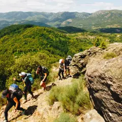 Groupe de randonneurs en Ardèche, profitant d'une randonnée de 5 jours à travers des paysages montagneux verdoyants.