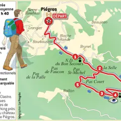 Carte d'une randonnée de 6 km près de Piégros, menant à la Chapelle Saint-Médard. Durée estimée 2h40.