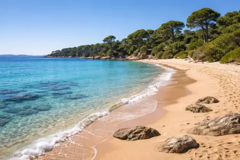 La plage de l'Argentière, avec ses eaux turquoise et sa pinède luxuriante, invite à la détente. Sable doré, rochers et mer scintillante.