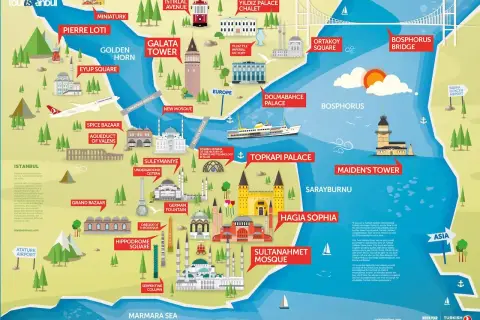Carte d'Istanbul : découvrez que faire à Istanbul, entre mosquées, palais et Bosphore.