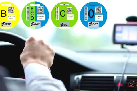 Conduire en Espagne : vignette Crit'Air obligatoire. Les autocollants DGT (B, ECO, C, 0) indiquent la classification environnementale du véhicule.