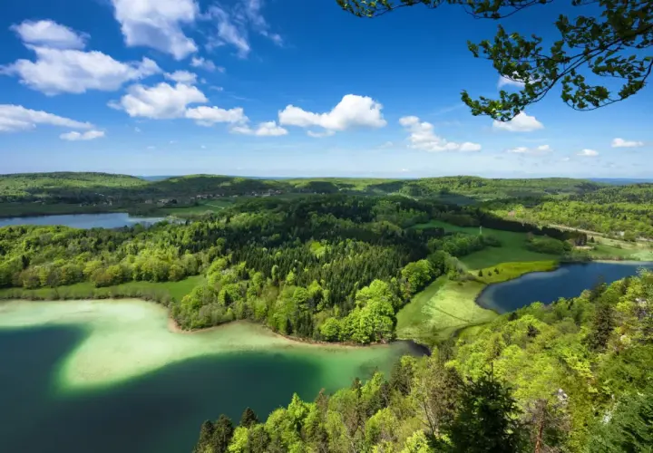 Paysage verdoyant du Jura avec des lacs aux eaux claires, des forêts denses et un ciel bleu parsemé de nuages blancs.