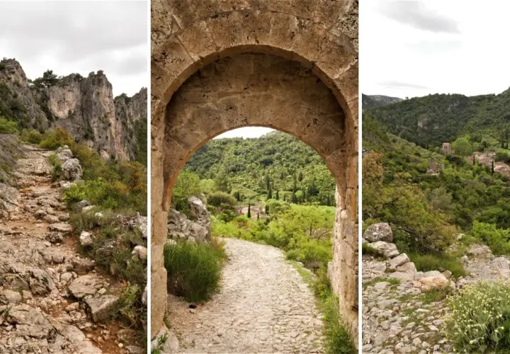 Sentier rocailleux menant à un village pittoresque, idéal pour une rando à Saint-Guilhem-le-Désert.