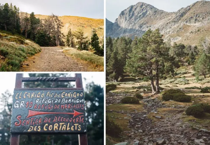Sentier de découverte vers le pic du Canigou, idéal pour une randonnée d'un jour. Paysages de montagne et signalisation GR10.