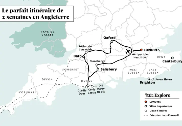 Carte d'un road trip en Angleterre, incluant Londres, Oxford, Bath, Stonehenge, Salisbury, et une extension en Cornouailles.