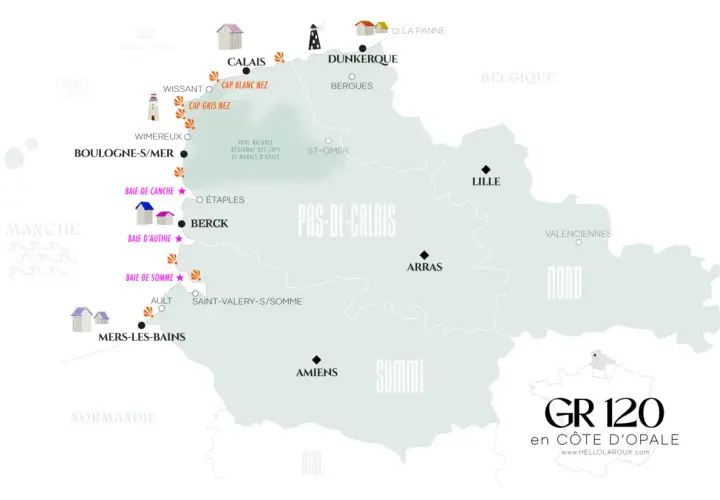 Carte du GR 120 en Côte d'Opale, Hauts-de-France. Points d'intérêt : Calais, Boulogne-sur-Mer, Baie de Somme, Dunkerque, Lille.