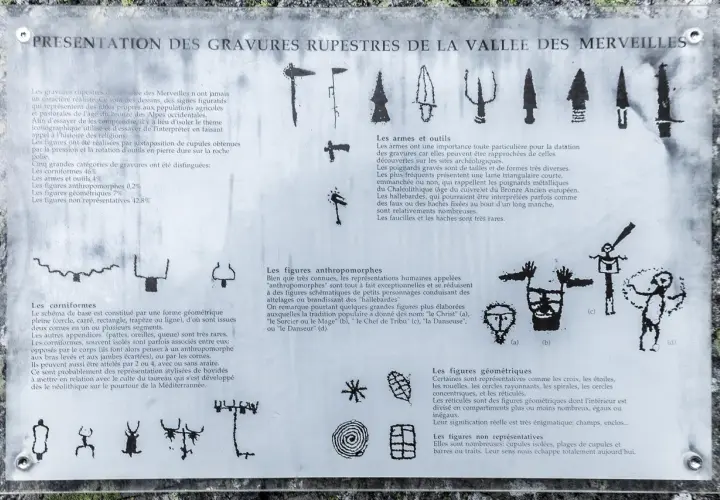 Gravures de la **vallée des Merveilles** : armes, figures humaines stylisées, formes géométriques et non représentatives.