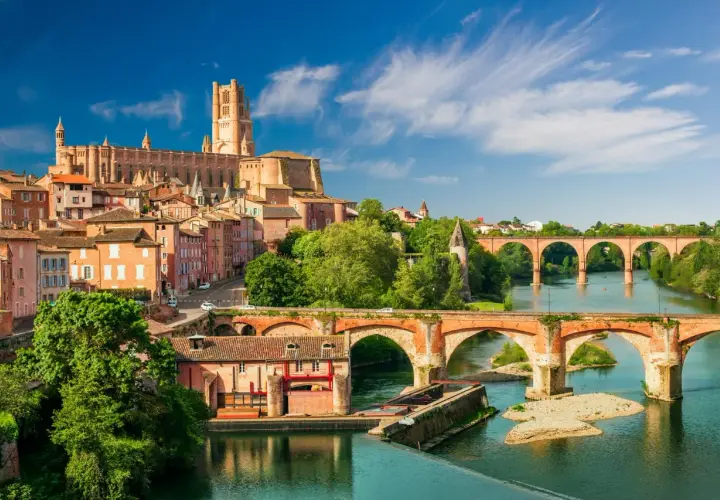 Vue d'Albi, une ville d'Occitanie, avec sa cathédrale imposante et ses ponts en briques sur le Tarn. Idéal pour savoir que faire en Occitanie.