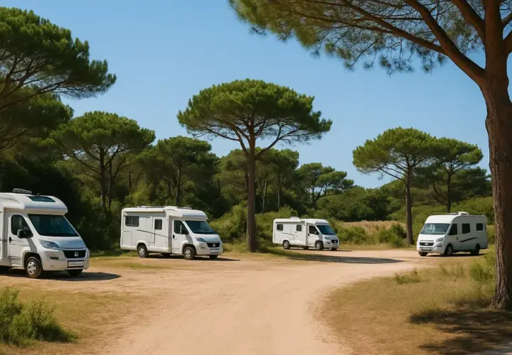 Plusieurs camping-cars blancs stationnés sur une aire de repos ombragée par des pins, un cadre idéal pour une aire camping car ile de ré.