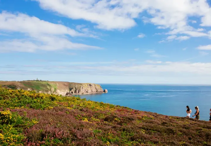 Trois femmes profitent d'un trek en Bretagne, longeant une côte rocheuse et fleurie, sous un ciel bleu parsemé de nuages.