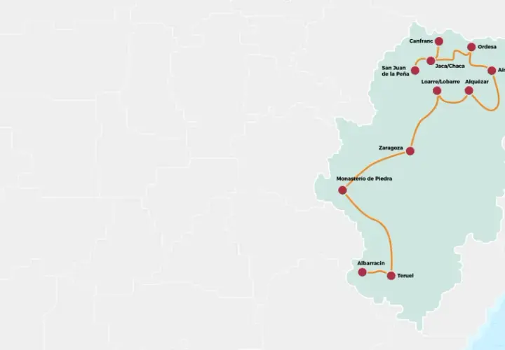 Carte d'un circuit touristique en Aragon, Espagne, reliant Zaragoza, Teruel, Albarracín, Monasterio de Piedra, Ordesa, Jaca, Canfranc, Loarre, Alquézar, Ainsa et San Juan de la Peña.