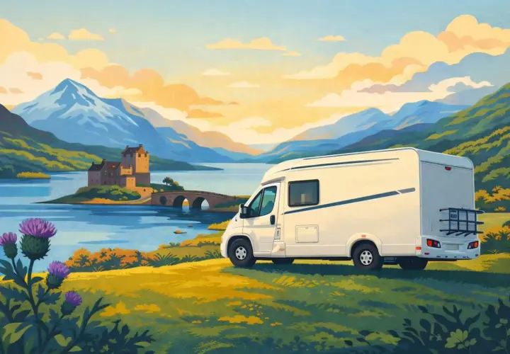 Un camping-car blanc stationné près d'un lac écossais, avec un château et des montagnes en arrière-plan.