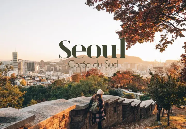 Vue panoramique de Séoul en automne. Une femme regarde la ville depuis un mur de pierre. Idéal pour savoir que faire à Séoul.