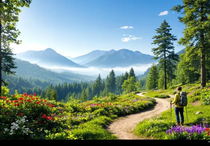 Un randonneur profite d'une vue panoramique sur les montagnes embrumées, un chemin sinueux bordé de fleurs sauvages et d'arbres verts. Une belle journée de morvan randonnée.