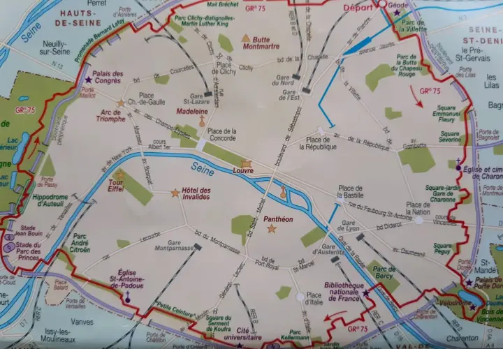 Carte de Paris indiquant le parcours GR® 75, avec des sites comme la Tour Eiffel, le Louvre et Montmartre.