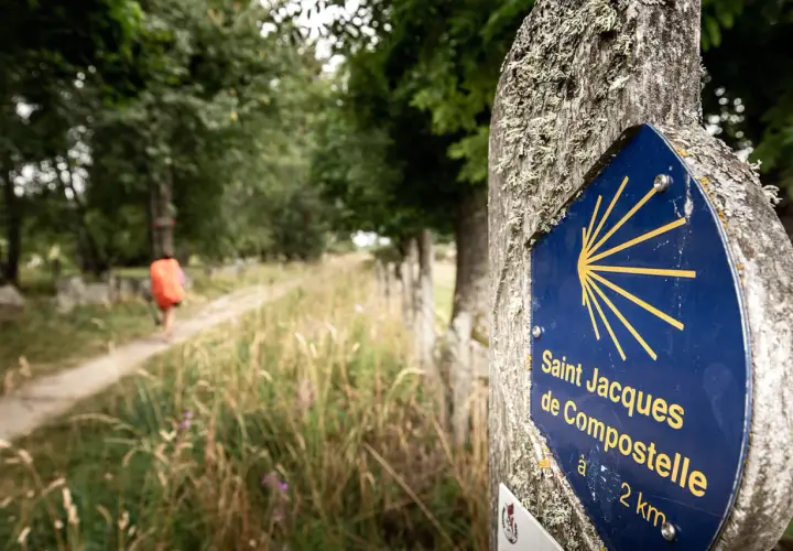 Panneau Saint Jacques de Compostelle sur le chemin, indiquant la direction de Conques. Un pèlerin s'éloigne sur le sentier.
