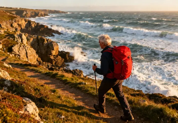 Un homme avec un sac à dos rouge profite d'une randonnée boucle 4 jours facile le long d'une côte rocheuse battue par les vagues.
