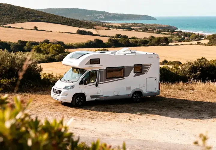 Camping-car blanc prêt pour une idée sortie week-end. Paysage de champs dorés et mer bleue en arrière-plan.